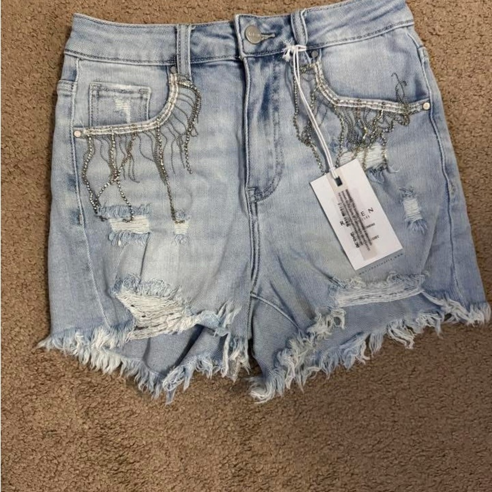 Risen Take Me To The Rodeo Light Wash Denim Fringe Shorts with Beaded Detail